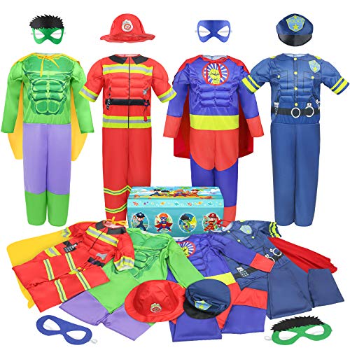 Teuevayl Boys Muscle Chest Dress up Costumes Trunk with Superhero, Policeman, Fireman Costume, Kids Pretend Role Play Cost...