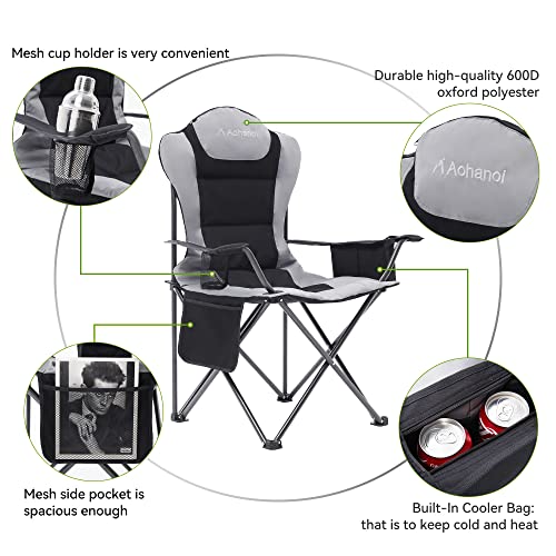 Aohanoi 2 Pack Camp Chairs for Heavy People, Outdoor Folding Camping Chairs with Cup Holder & Cooler Bag for Outside Suppo...