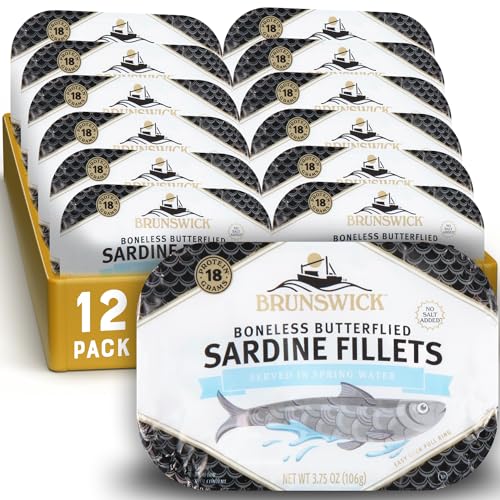 Brunswick Sardines in Spring Water, 3.75 oz Can (Pack of 12) - Boneless Butterflied Sardine Fillets - Wild Caught - 18g Pr...