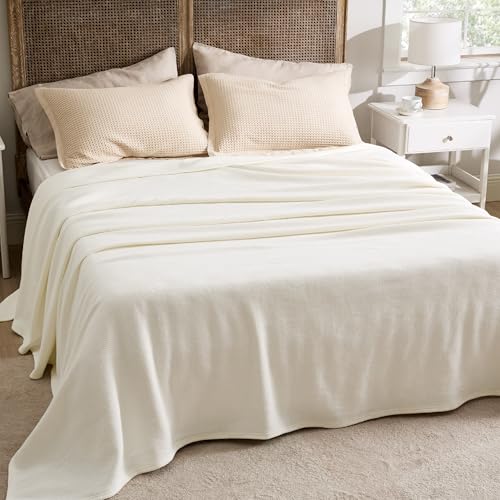 Bedsure GentleSoft 100% Cotton Blanket Queen Size for Bed - Breathable and Lightweight, Soft Cozy Textured Herringbone Wov...