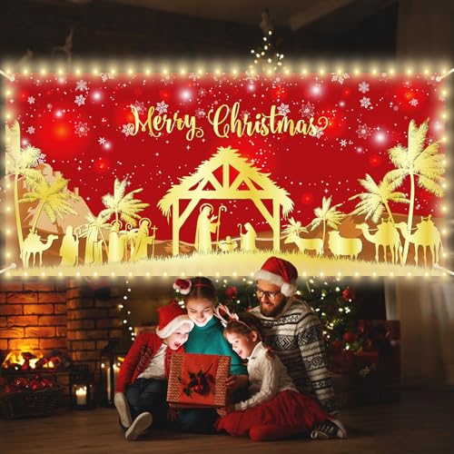 Christmas Garage Door Banner Decorations Red Jesus Christmas Garage Door Cover with LED Lights Large Holy Nativity Religio...