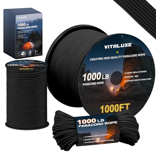 VITALUXE 1000lb Paracord Rope, 4mm 12 Triple Strands Paracord, Heavy Duty Tactical Parachute Cord for Survival Gear, Campi...