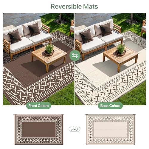 GENIMO Outdoor Rug Waterproof for Patio Decor, 5'x8' Reversible Plastic Straw Rug Carpet, Camping Mat for Outdoor, RV, Bac...