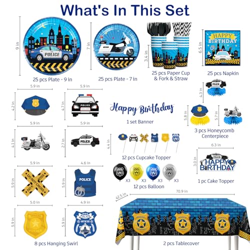 Yingoto 189pcs Police Birthday Party Decorations Tableware Complete Set, Serves 25 Guests, Police Party Decorations Kit wi...