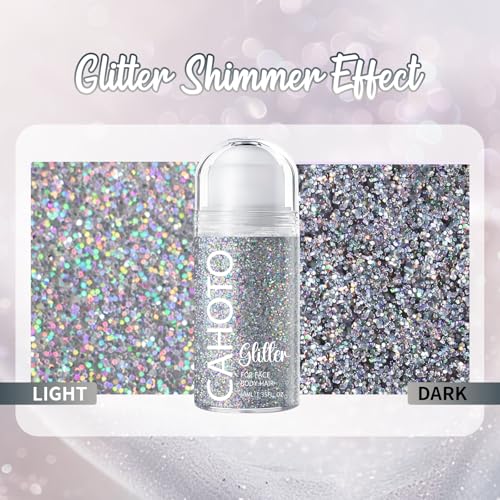 CAHOTO Silver Rolling Glitter for Face Body & Hair, Sparkling Holographic Chunky Shimmer, Roll-on Sequins for Singer Conce...