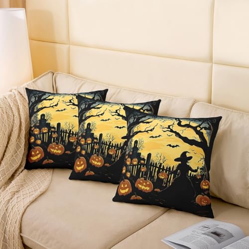 Halloween Style Pillow Covers 4 Pack Pumpkin Lantern Moon Cushion Pillow Covers for Bedroom Living Room Decor Gothic Style Pillowcases for Sofa Couch Chair,16 x 16 Inch