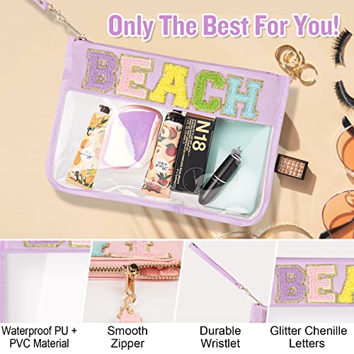 Chenille Letter Clear Bag Beach Purse with Wristlet, Monogram PVC & PU Clear Zipper Pouch, Waterproof Portable Glitter Sna...