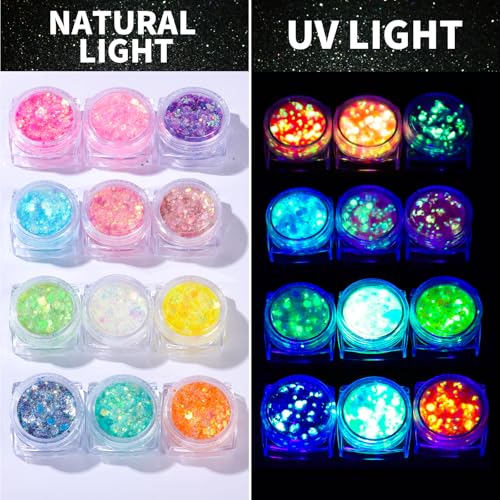 Teenitor 12 Colors Glow in The Dark Glitter Gel, Face Glitter Body Glitter Gel Hair Glitter for UV Black Light Carnival Ma...