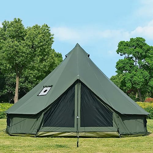 WaldZimmer Cotton Canvas Bell Tent with Stove Jack, Roomy Yurt for Family Glamping Camping, 4 Season Tent with Zipped Remo...