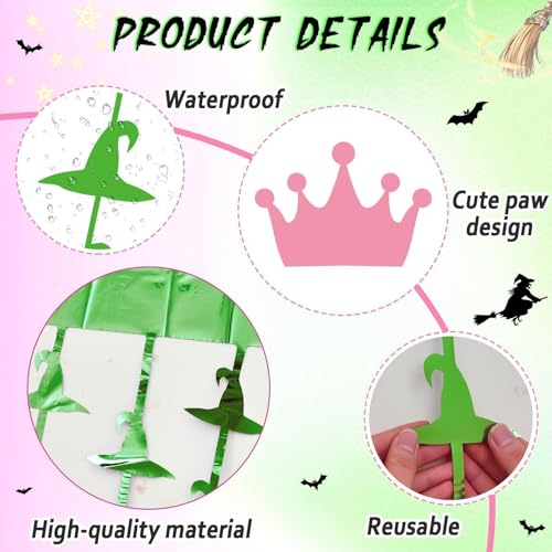 2 Pack Witch Party Decorations Banner Foil Fringe Curtains Princess Crown Photo Booth Prop Supplies Pink and Green Backdro...