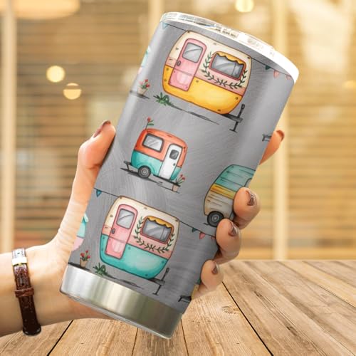 CUBICER Colorful Retro Camper Trailer Pattern Tumbler For Camping Lovers And Outdoor Travelers Stainless Steel 20 Oz Trave...