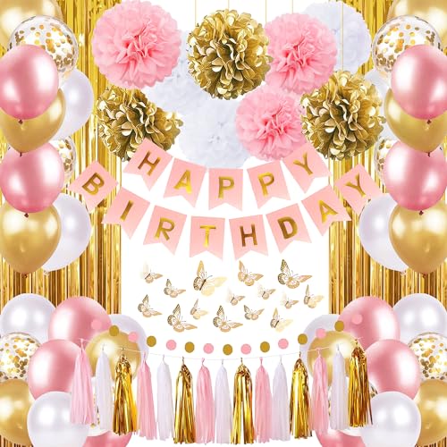 Pink and Gold Birthday Party Decorations for Women with Happy Birthday Banner,Curtains, Butterfly Wall,Circle Dots Garlan...