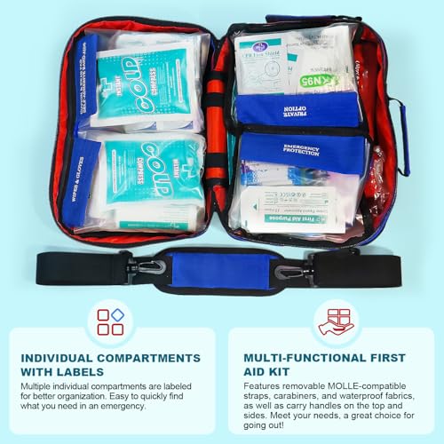 Professional 435 Pieces Large First Aid Kit - Includes Compressed Gauze - Compartments Emergency Medical Kit for Home, Cam...