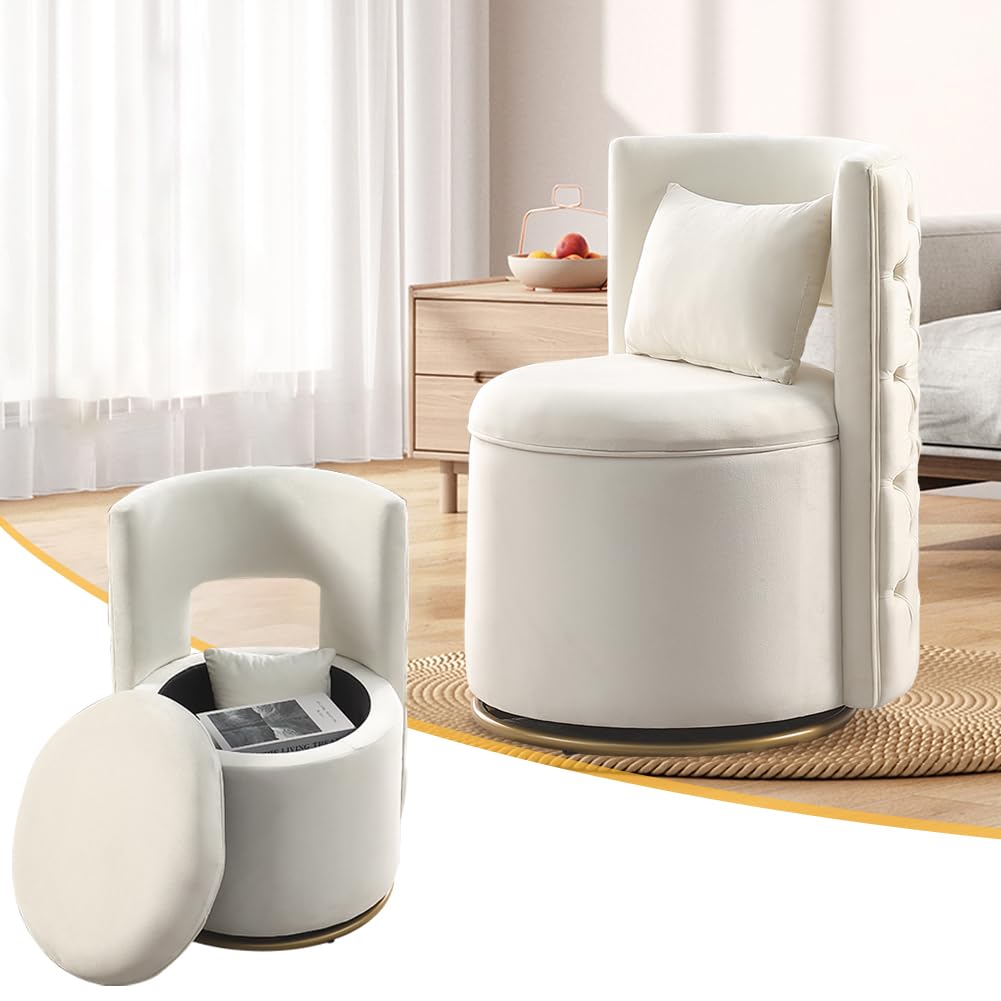 Swivel Accent Chair,Velvet Round Storage Sofa Club Upholstered Barrel Modern Arm Chair for Nursery, Living Room, Hotel, Bedroom, Office, Lounge, Hotel Office (Off White)