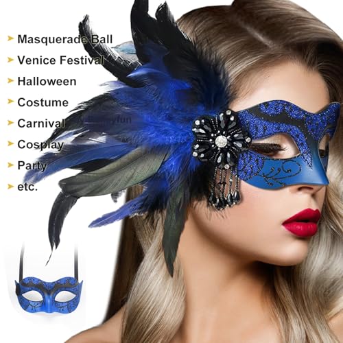Masquerade Mask for Women Shiny Venetian Mask for Halloween Mardi Gras Costume Party Ball with Feather flower dec.