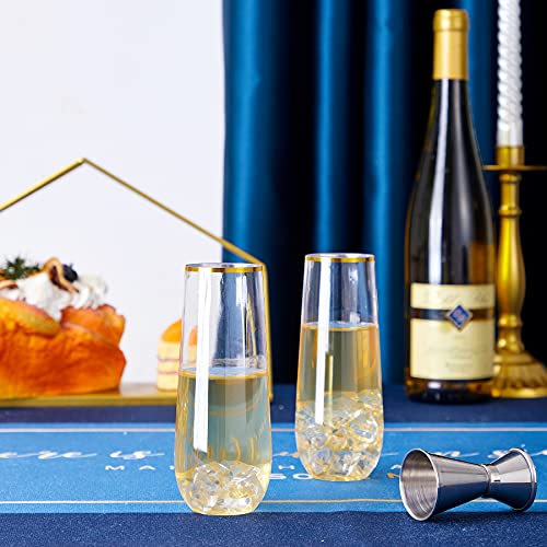 N9R 12PCS Plastic Champagne Flutes, 9 oz Stemless Disposable Gold Rim Toasting Glasses, Crystal Clear Cocktail Cups Drinkw...