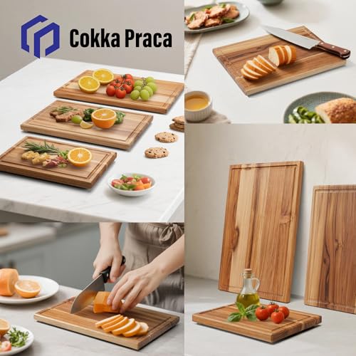Cokka Praca Teak Cutting Board Set with Stand | 3 Pcs Durable Wooden Cutting Boards for Kitchen | Splinter-Free & No Crack...