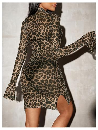 WDIRARA Women's Leopard Print Mock Neck Split Bell Long Sleeve Bodycon Dress Lettuce Trim Sheer Mini Dress