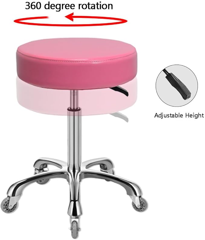 Ainilaily Rolling Stool with Wheels, Heavy Duty 400 lbs Stool for Shop Guitar Lab Tattoo Workbench Medical, Adjustable Swivel Chair (Pink)