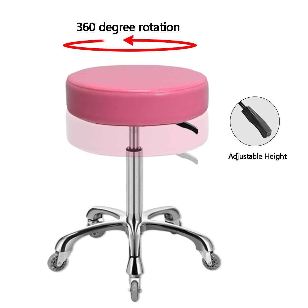 Ainilaily Rolling Stool with Wheels, Heavy Duty 400 lbs Stool for Shop Guitar Lab Tattoo Workbench Medical, Adjustable Swivel Chair (Pink)