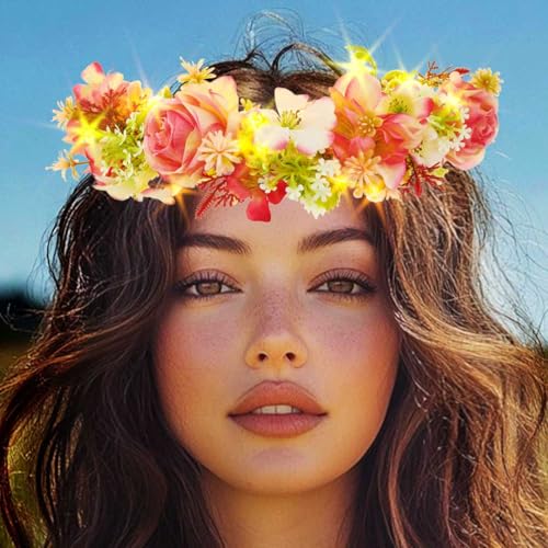 DRESBE Light Up Flower Crown Headband LED Fairy Floral Hair Accessories for Women (Rose)