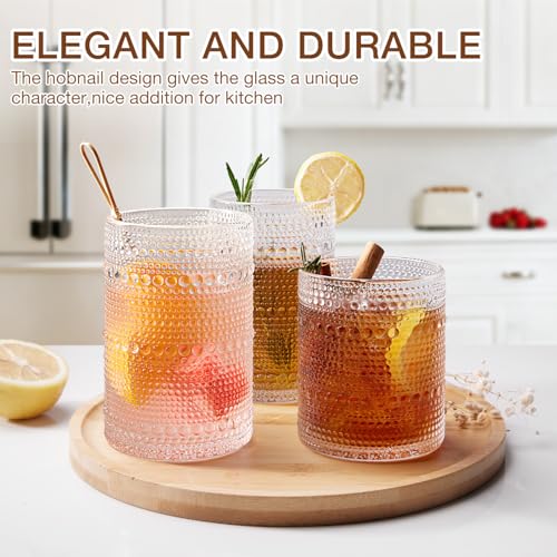 Potdoctor Hobnail Drinking Glasses Set of 8, 4 Highball Glasses 15oz,4 Rocks Glasses 12oz,Mixed Drink Cocktail Glass, Vint...