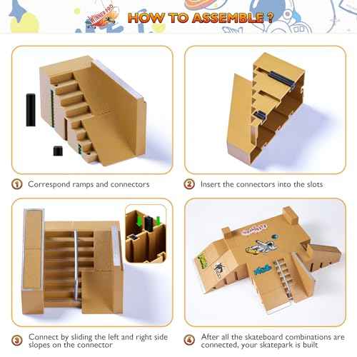 Fingerboard Skate Park Kit - Finger Skateboard Ramp Set with 8 Skatepark Deck Ramp and 4 Finger Skateboards, Astronaut Customization Fingerboard Skatepark for Boys Girls Gift