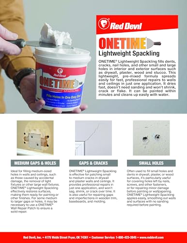 Red Devil 0542 ONETIME Lightweight Spackle Wall Repair, Spackling for Holes Drywall, 1/2 Pint, White, 8 Ounce, Made in USA