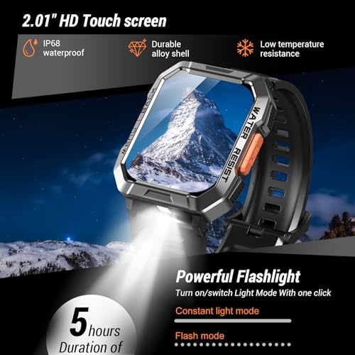 Military Smart Watch for Men (Answer/Make Calls), 2.01'' Smart Watch for Android and iPhone, Fitness Tracker with Flashlig...