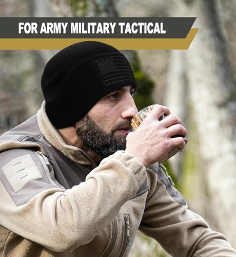 RUCD American Flag Fleece Watch Cap, Winter Warm Fleece Beanie, USA Army Military Tactical Beanie Hat