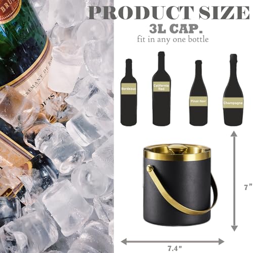 Sipoyen Insulated Ice Bucket with Lid, Handle and Tong Black Gold Stainless Steel Champagne Bucket for Party 3L Bar Cart A...