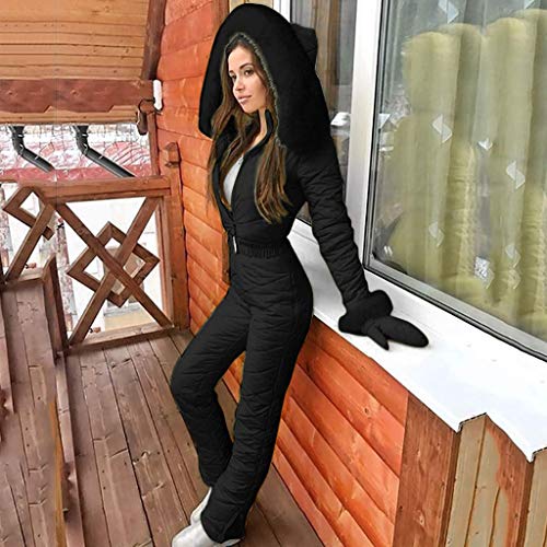 Movnebyro Womens One Piece Ski Suit Winter Ski Jumpsuits Waterproof Warm Snowsuit Fur Collar Outdoor Sports Outerwear