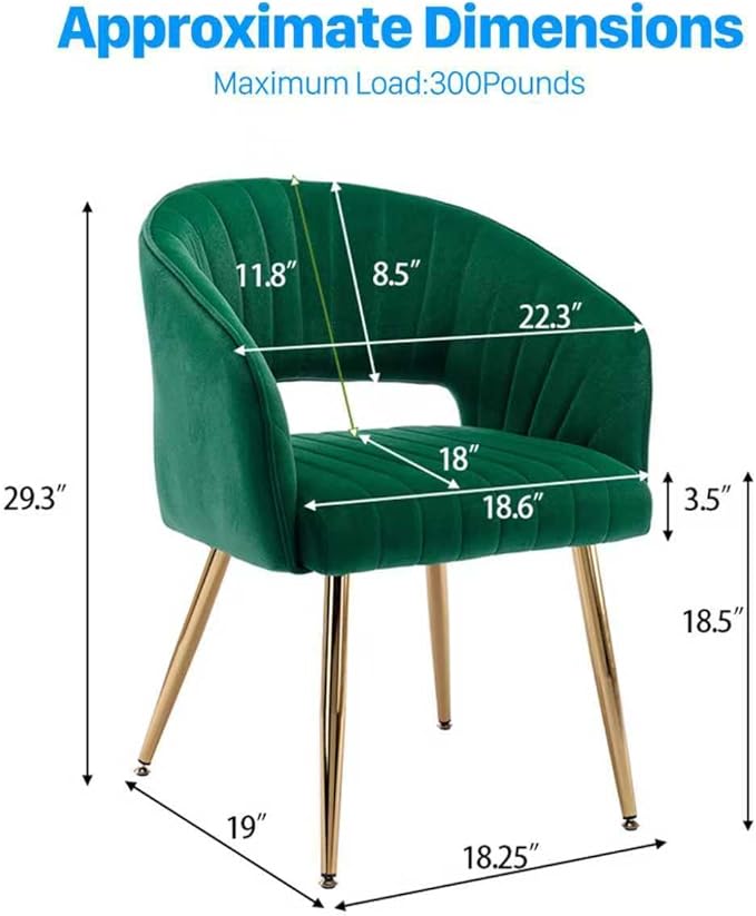 KCC Modern Accent Dining Chairs Set of 4, Upholstered Velvet Dining Room Chairs with Hollow Back, Tufted Kitchen Chairs Side Chairs with Gold Metal Legs for Living Room Restaurant, Green