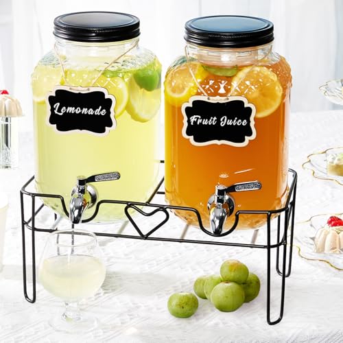 1 Gallon Glass Drink Dispensers for Parties, Beverage Dispenser with Stand and Fruit Infuser, Glass Lemonade Dispenser wit...