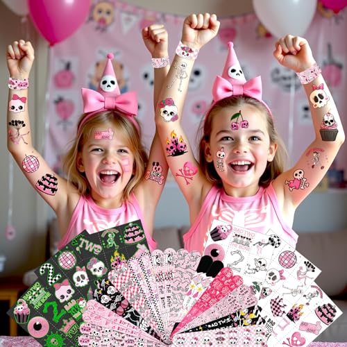96 PCS Bad Two the Bone Party Favors Set – 72 Pre-Cut Temporary Tattoos & 24 Rock-Inspired Slap Bracelets for Kids, Perfec...