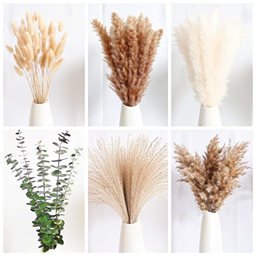 110 PCS of Boho Pampas Grass Decor, Naturally Dried Pompas, Bunny Tails Dried Flowers, and dried eucalyptus. Perfect for W...
