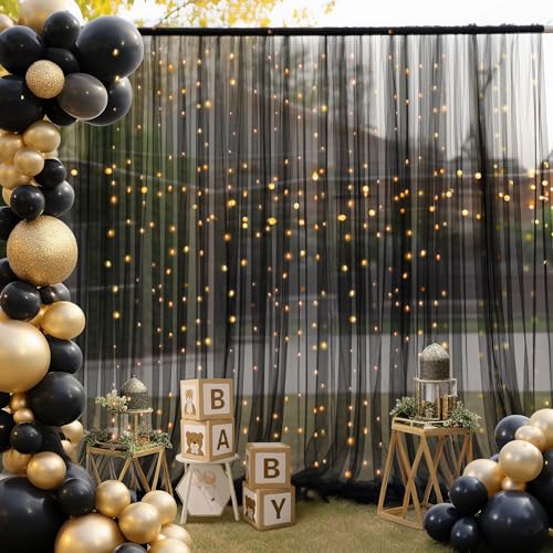 10×10ft Black Tulle Backdrop Curtain with Lights String for Parites, Sheer Photo Backdrop Curtains for Wedding Party Photo...