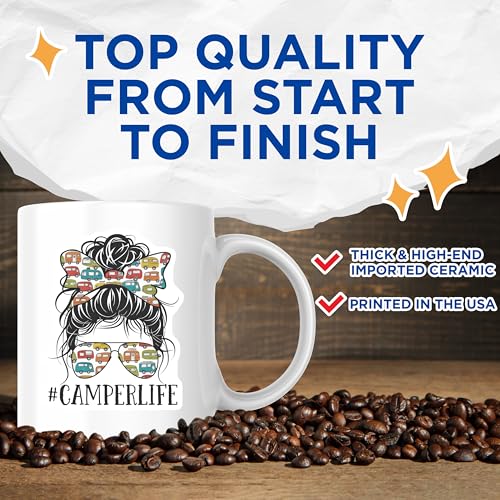 Bliss Monkey Co. Camperlife Coffee Mug - Messy Bun Camper Graphic - Retro Camping 11 Ounce Cup - Printed On Both Sides - P...