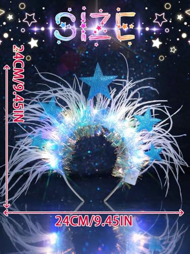 Campsis Light up Star Headbands, Blue LED Feather Headpiece, Glowing Costume Rave Hair Accessories for Women