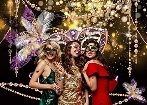 Mardi Gras Birthday Backdrop Masquerade Purple Mask Gold Glitter Feathers Photography Background Retro Women Dress-up Part...