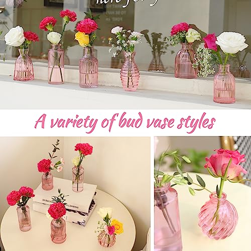 Pink Vase, Bud Vases Set of 12, Small Pink Glass Vases for Flowers Modern Ribbed Glass Bud Vase for Decor Wedding Flower V...