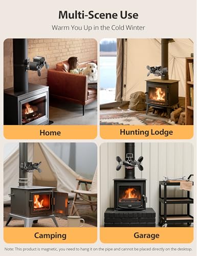 KLEVVO Wood Stove Fan Heat Powered, Strong Magnetic Fireplace Fan,【Ultra Quiet & High Speed & Non Electric】 Auto Thermal F...