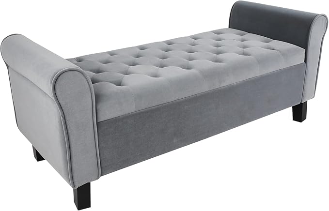 Babion Storage Bench for Bedroom End of Bed, Button Tufted Storage Ottoman Bench 51 Inch, End of Bed Storage Bench with Upholstered, Rolled Arm Window Bench Seat with Solid Wood Legs, Dark Grey