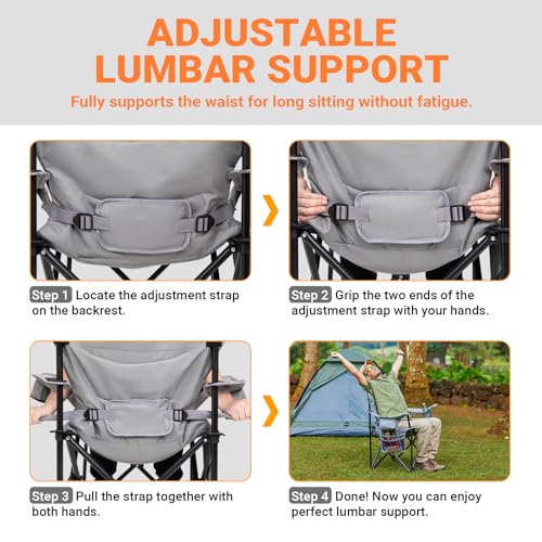 KingCamp Oversized Camping Folding Chair with Lumbar Support, Heavy Duty Ergonomic Padded Arm Chair with Cooler Bag, Cup H...