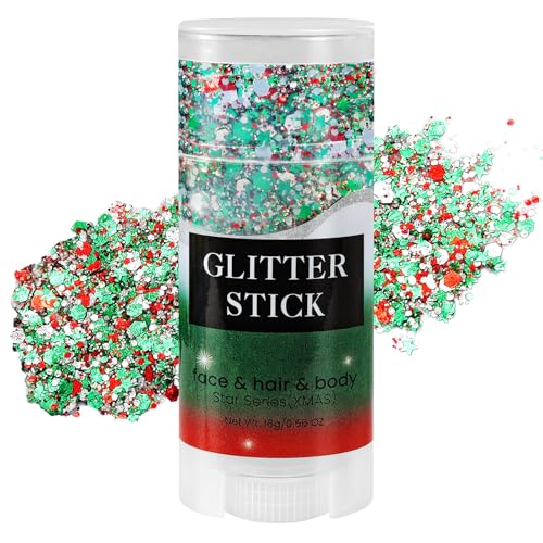 Mysense Christmas Glitter Stick for Face Hair Body, Red Silver Green Chunky Sparkling Glitter Makeup, Christmas Party Cost...