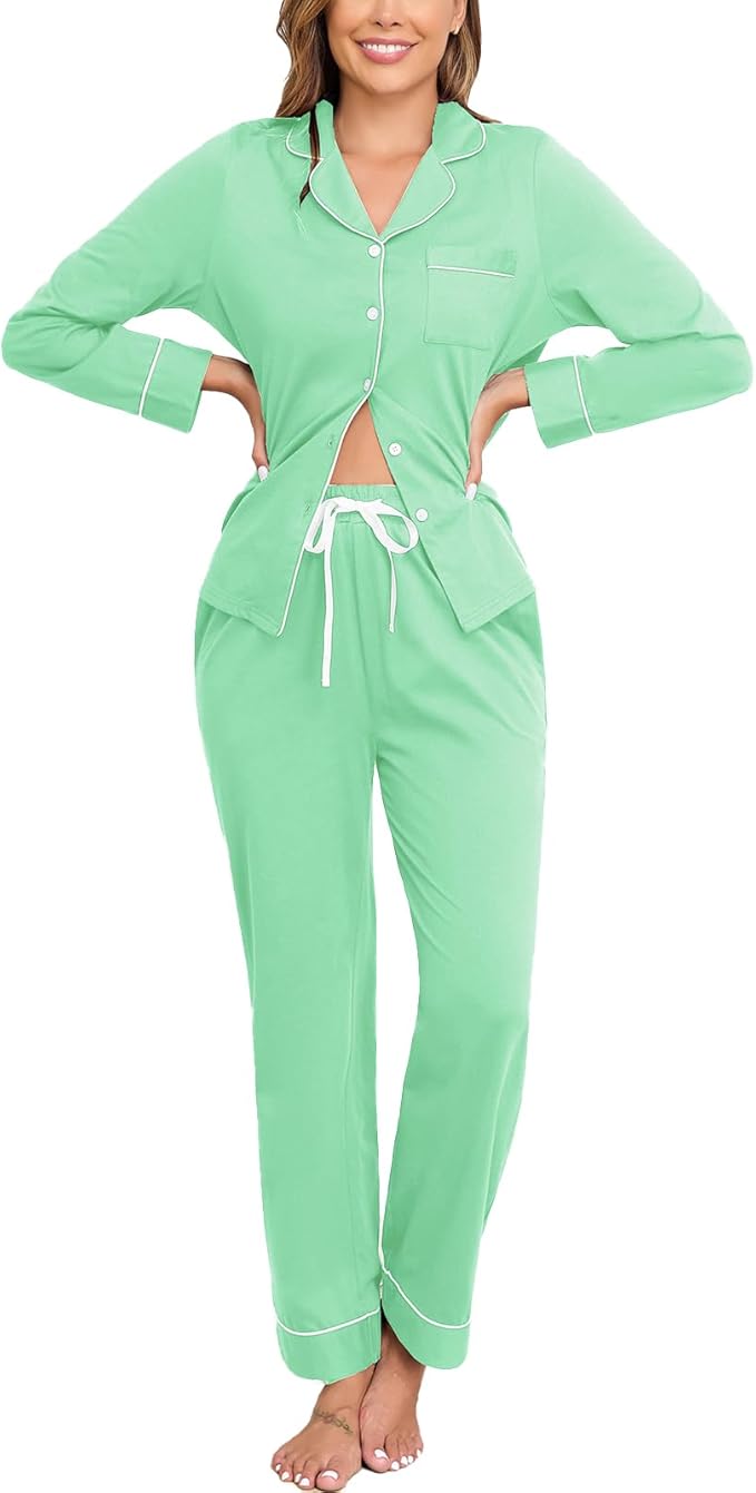 Veseacky 100% Cotton Pajamas for Women Set Long Sleeve Button Down Sleepwear Soft Pjs Lounge Sets with Pockets XS-XXL