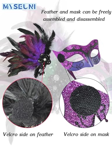 MYSEUNI 2025 New Masquerade Mask for Women with Stick - Shiny Women's Feather Mardi Gras Venetian Mask for Costume Accessory