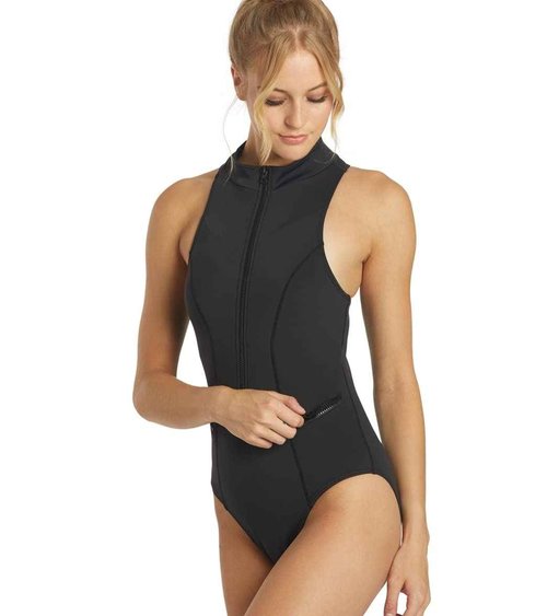 Sporti Active Solid One Piece Zip Front Scuba Swimsuit - Black - X-Small
