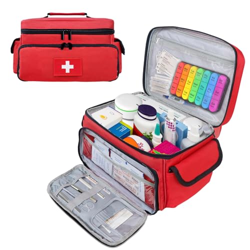 ALSLEA First Aid Bag Empty First Aid Kit Storage Box 12" x 9" x 7" Medical Bag Portable Pill Bottle Organizer Case for Ca...