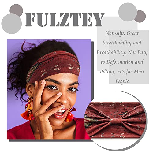 FULZTEY Boho Headbands for Women Vintage Elastic Fabric Printed Hair Bands Workout Wide Knot Sweatbands Soft Cotton Headwr...